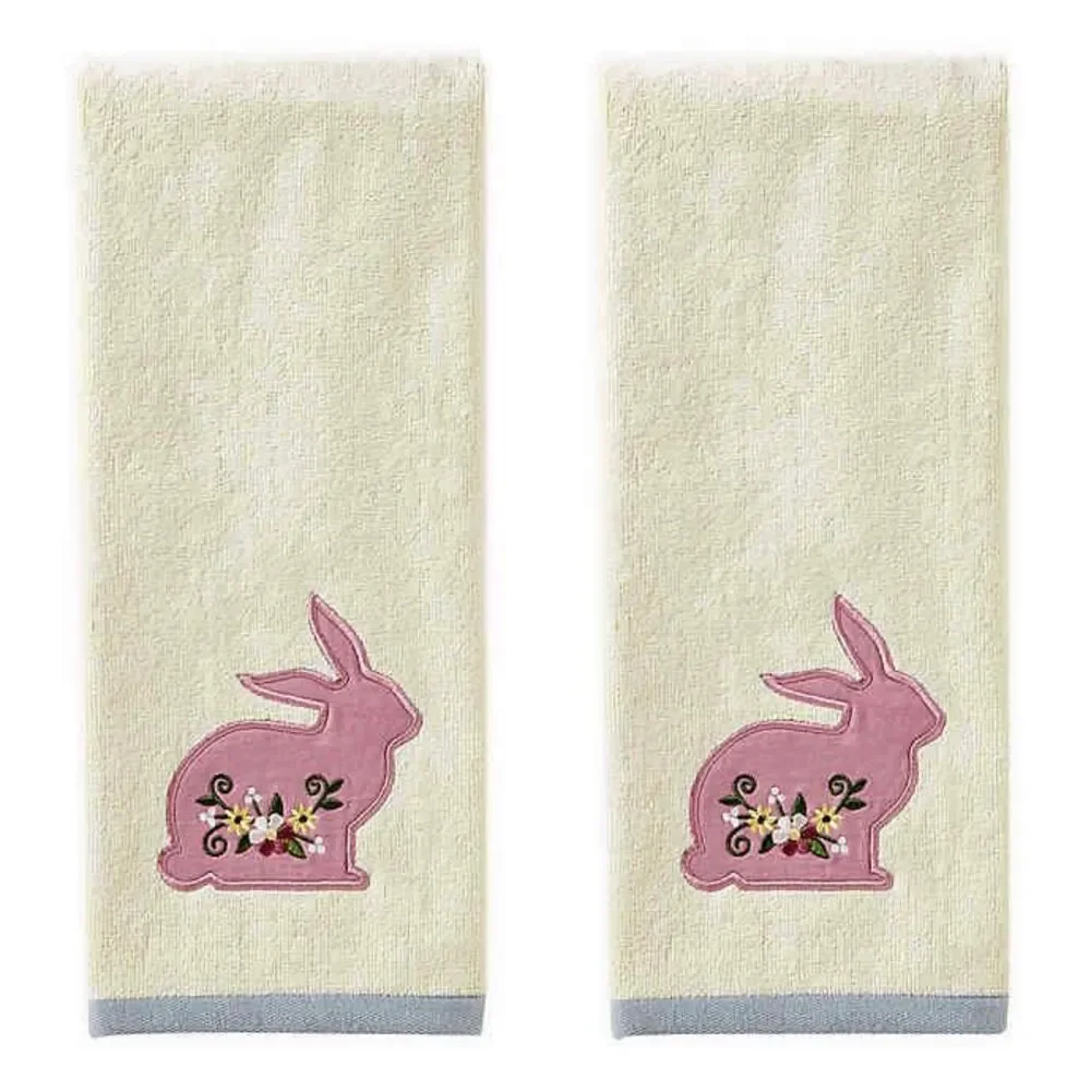 Easter Bunny Hand Towels Set of 2 Embroidered Guest Bathroom Guest Room Natural